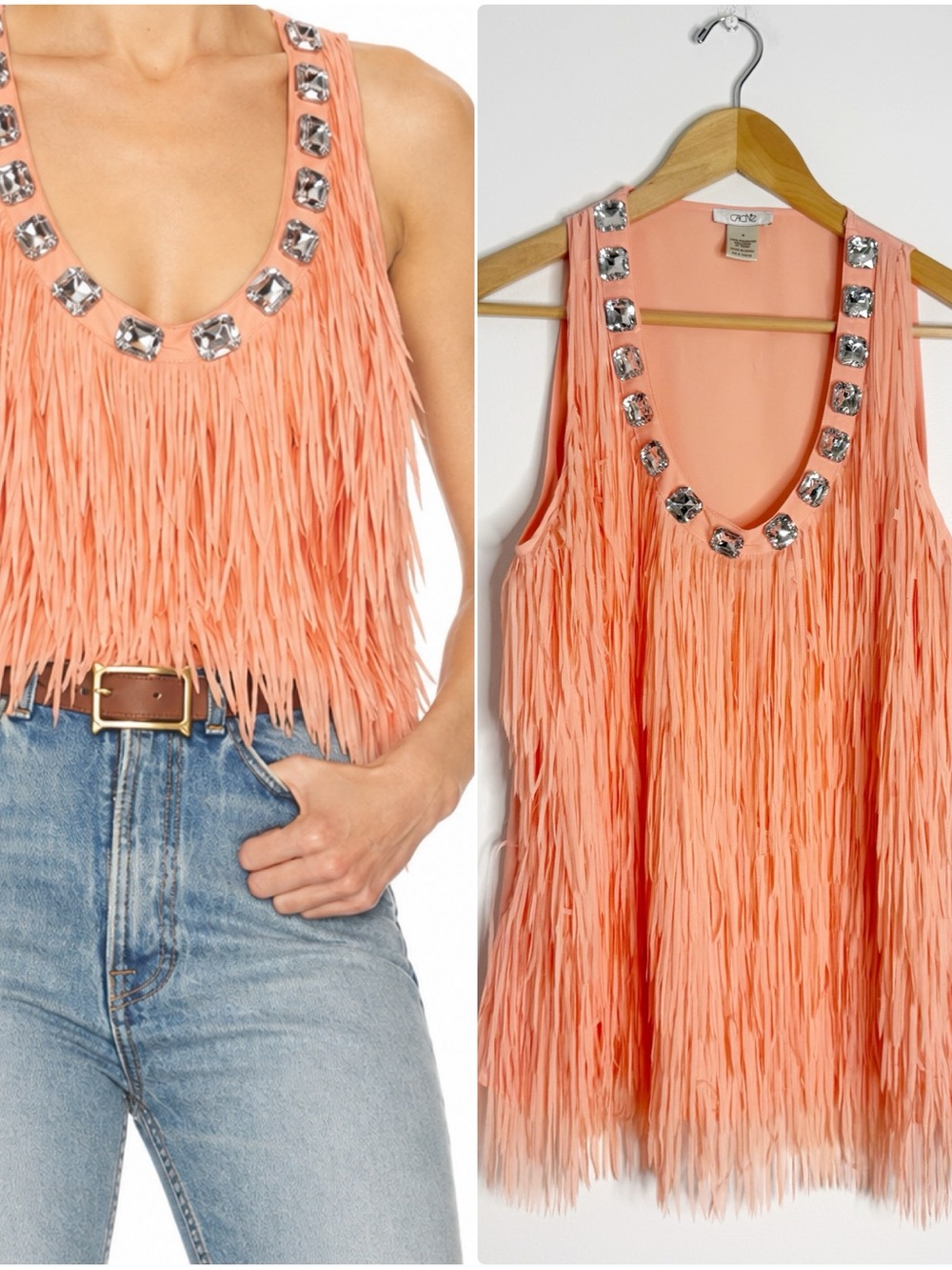 Cache Fringe Tank Top Size M Coral Crystal Western Country Concert